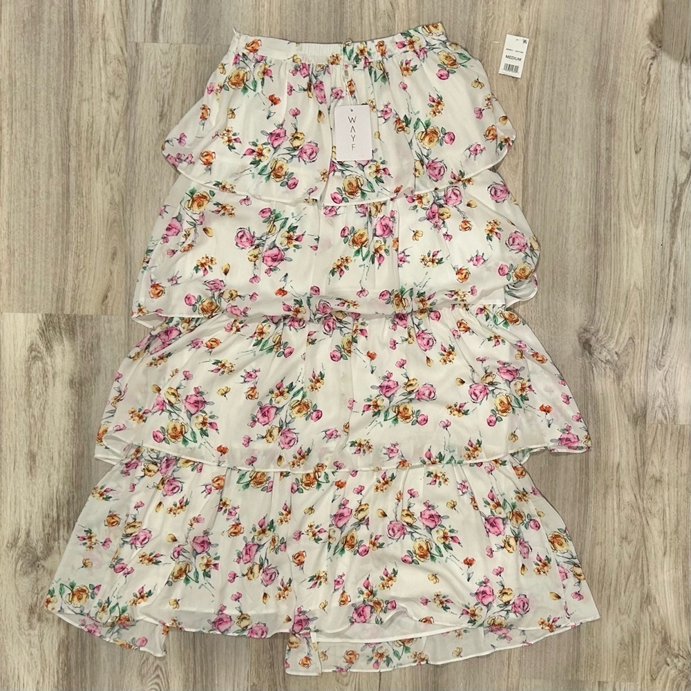 NWT WAYF Seanna Ivory Floral Printed Tiered Maxi Skirt Side Slit Lined Size M - Picture 5 of 8